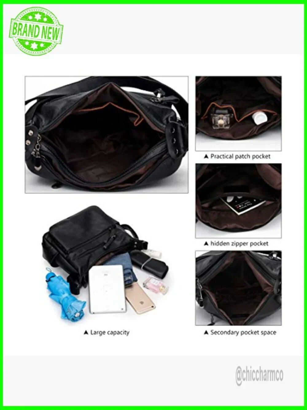 Soft PU Leather Hobo Crossbody Bag Multi Pocket Adjustable Strap